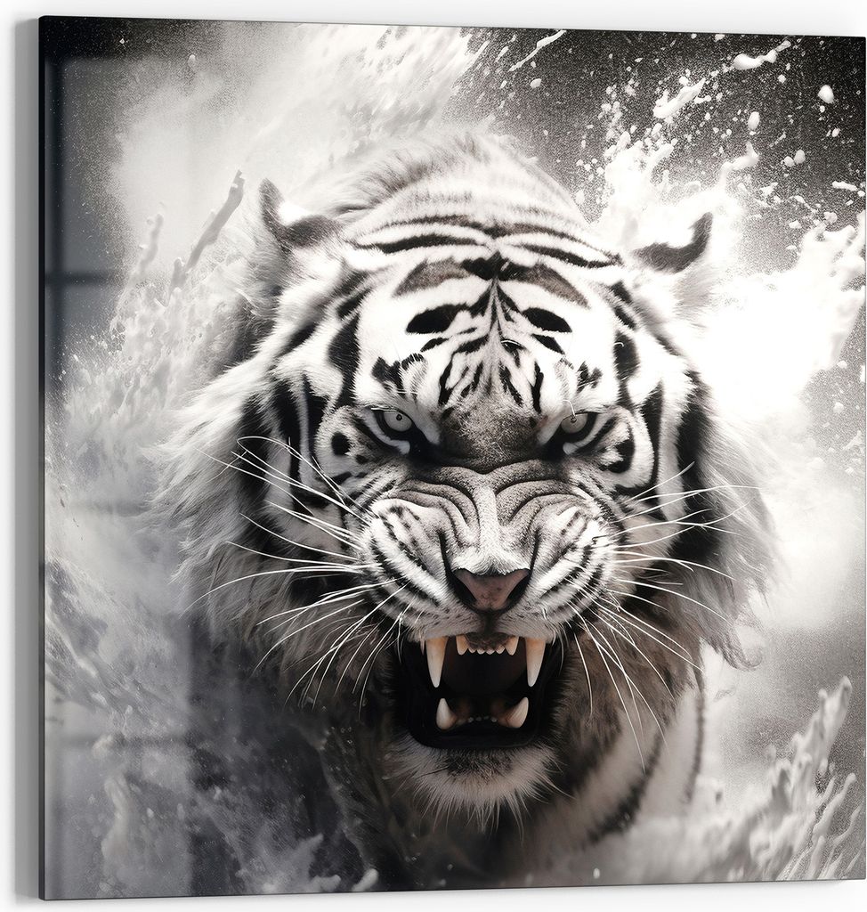 DEQORI Glasbild Echtglas 30x30 cm 'Wasserschlag des Tigers' Wandbild Bild modern Deko