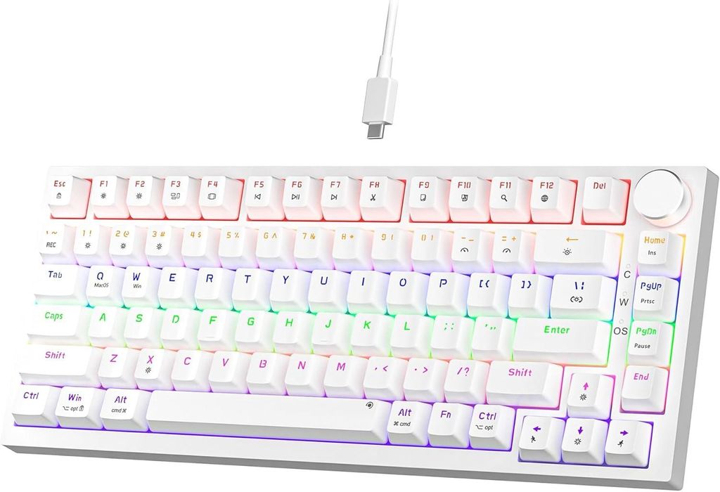 Mechanische Tastatur mit Kabel,Tastatur 75 Prozent,TKL Hot Swap LED Beleuchtung USB C Mechanische Tastaturen mit Knopf,für PC/Win/Mac,QWERTY Layout