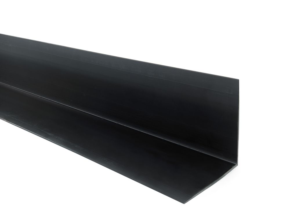 A black L-shaped profile piece on a white background.