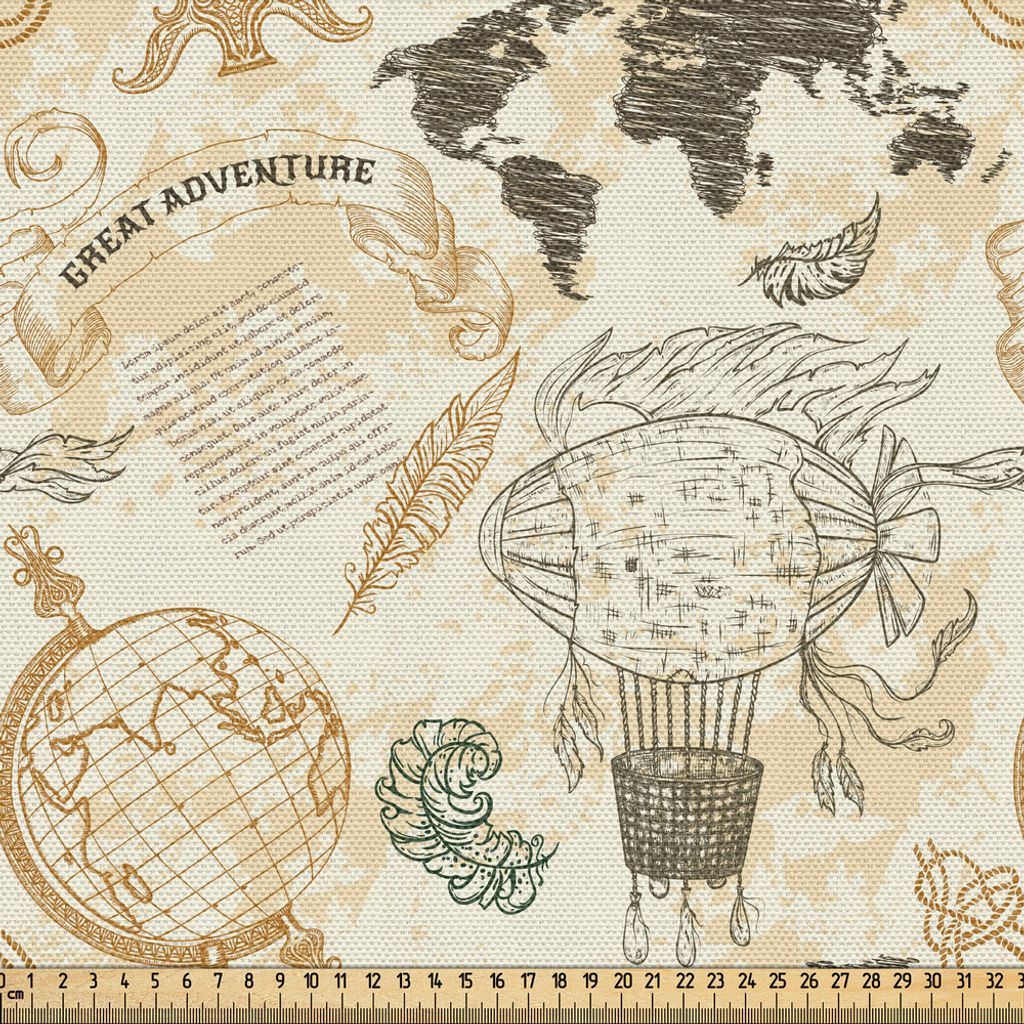 ABAKUHAUS Weltkarte Gewebe als Meterware, Muster Mit Vintage Globus Weltkarte Luftschiff Seil Knoten Band Retro Druck, 5 M (148 x 500 cm), Beige Ol...