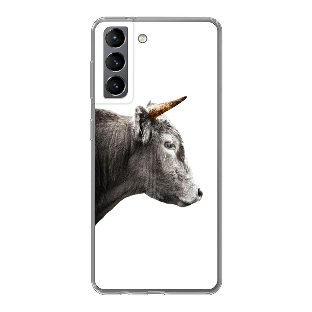 MuchoWow Handyhülle Schutzhülle Hülle für Samsung Galaxy S21 Schottischer Highlander - Horn - Gold Silikon Softcase Handy Hülle - Softcase