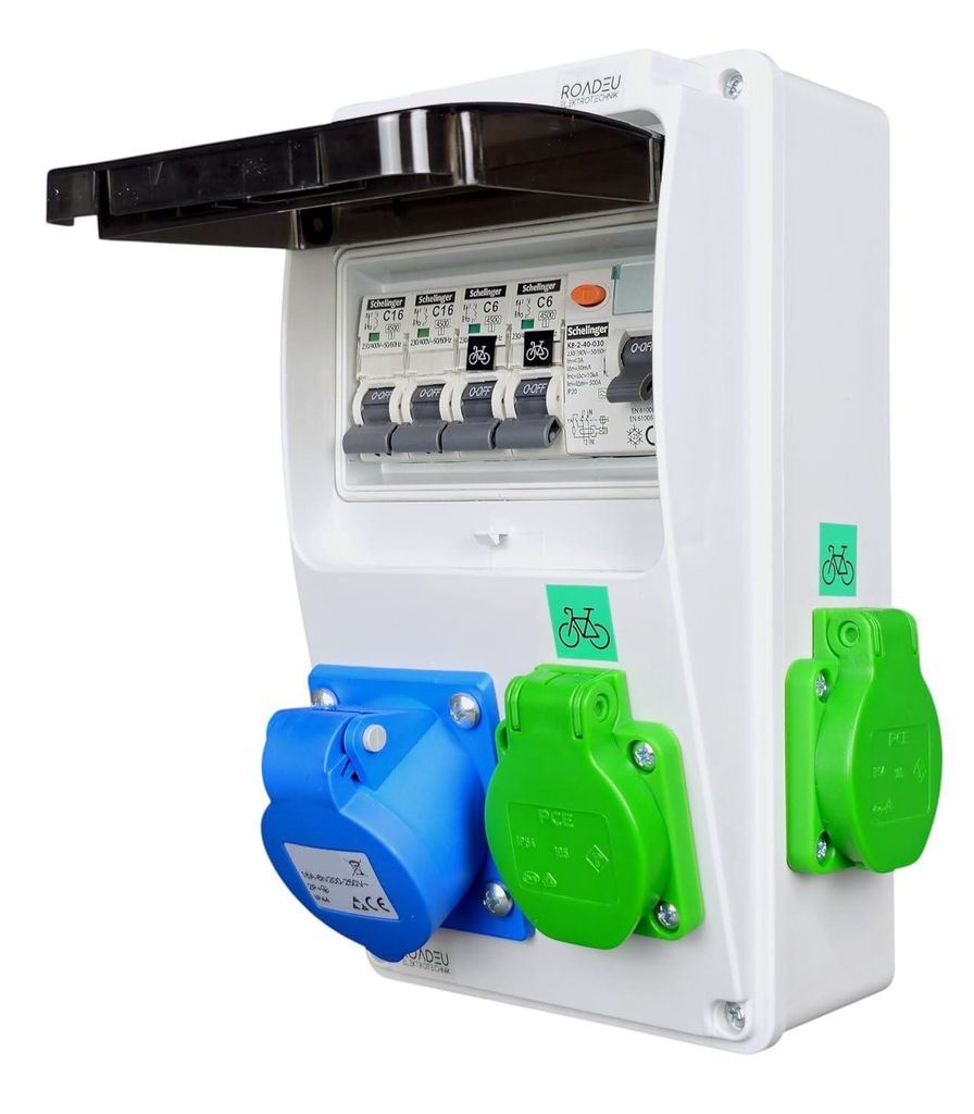 RoadEU - Power-Hybrid Stromverteiler 230V, 2x E-Bike (grün), Schuko & CEE 16A 3P, FI-Schutz Typ A 30mA & LS C6A/C16A, IP44 Wandmontage