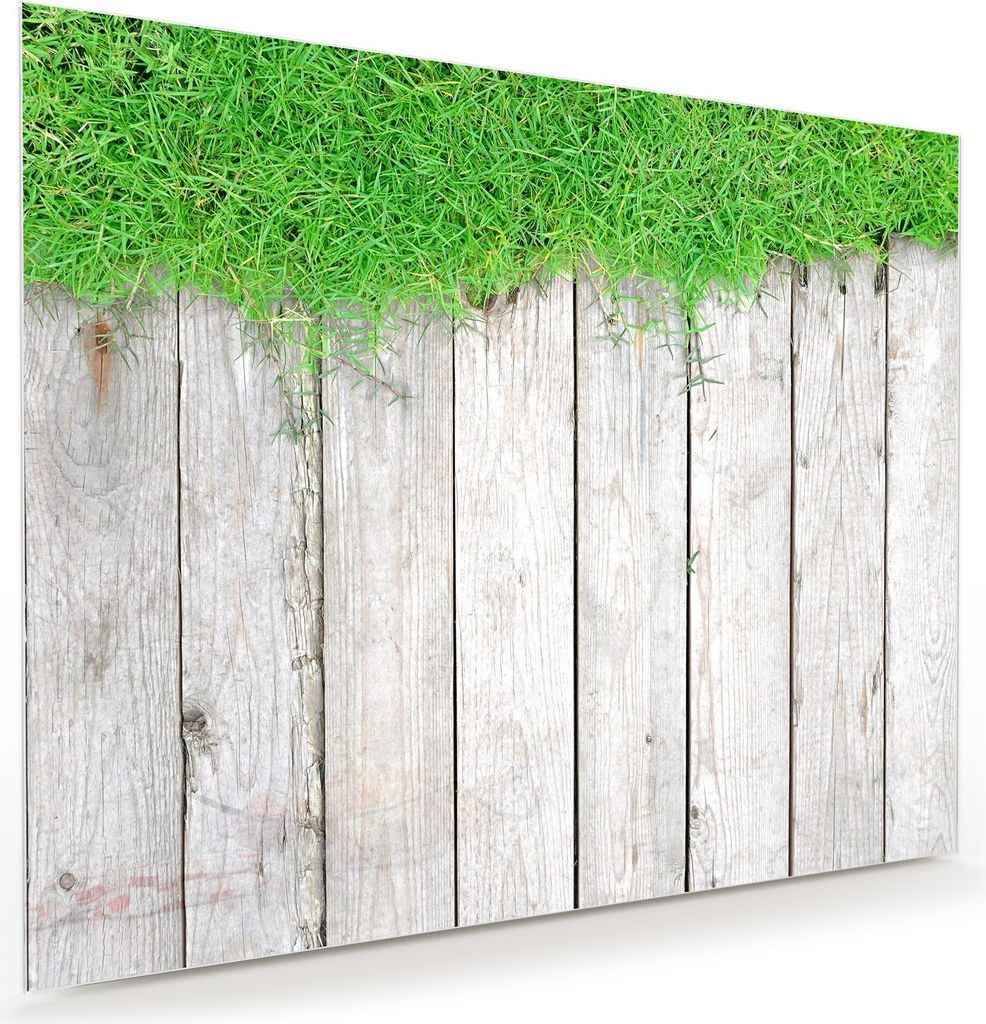Glasbild Wandbild Grasrand an Holzwand 75x60cm in XXL für Wohnzimmer, Schlafzimmer, Badezimmer, Flur