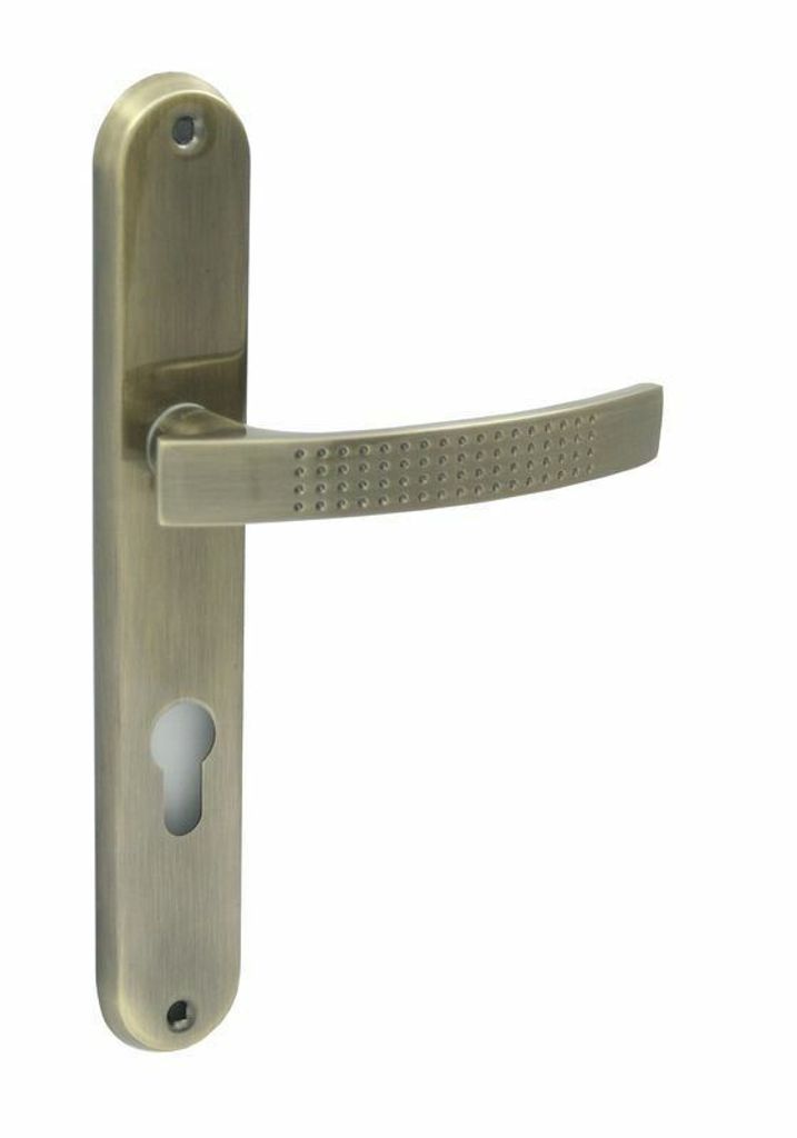 Domino Türdrücker-Garnitur "TOPAZ" Langschild – Euro-Profilzylinder (PZ) – Altmessing (Antik) – Hochwertige Türklinke für Innentüren