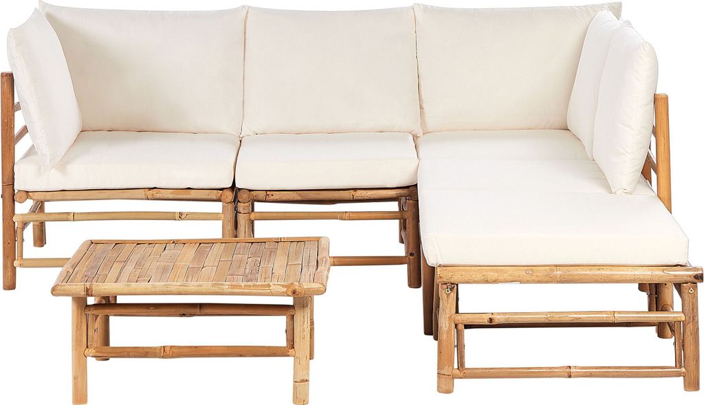 BELIANI Lounge Set 3-Teilig Hellbraun u. Cremeweiß Bambusholz 4-Sitzer Ecksofa mit Ottomane Couchtisch 11 Kissen Garten Terrasse Outdoor Ausstattung