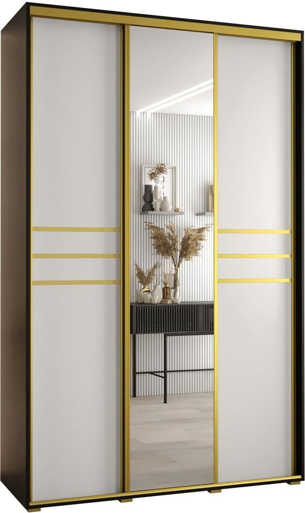 MEBLE KRYSPOL Cannes 11 Schrank mit 3 Schiebetüren - 205,2x160x45 cm - Schwarz Weiß Gold