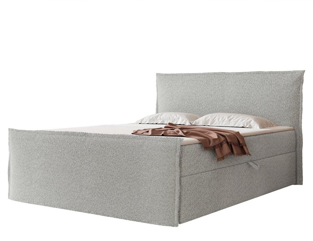 Boxspringbett LIZIO 180x200 Bouclé Ohren-Kopfteil Bettkasten Platingrau
