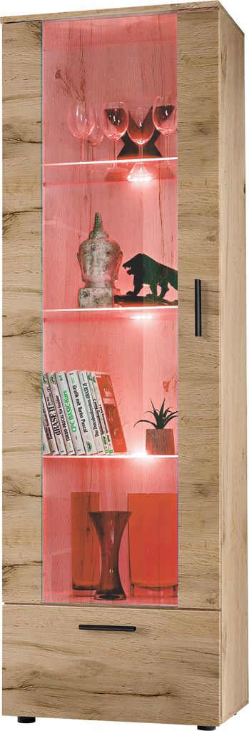 Komodee, Vitrine Schrank Alessandria, Wotan/Wotan, Breite 60cm x Höhe 192cm x Tiefe 42cm, 3 Glasböden, 1 Regal aus laminierter Platte, für Wohnz...