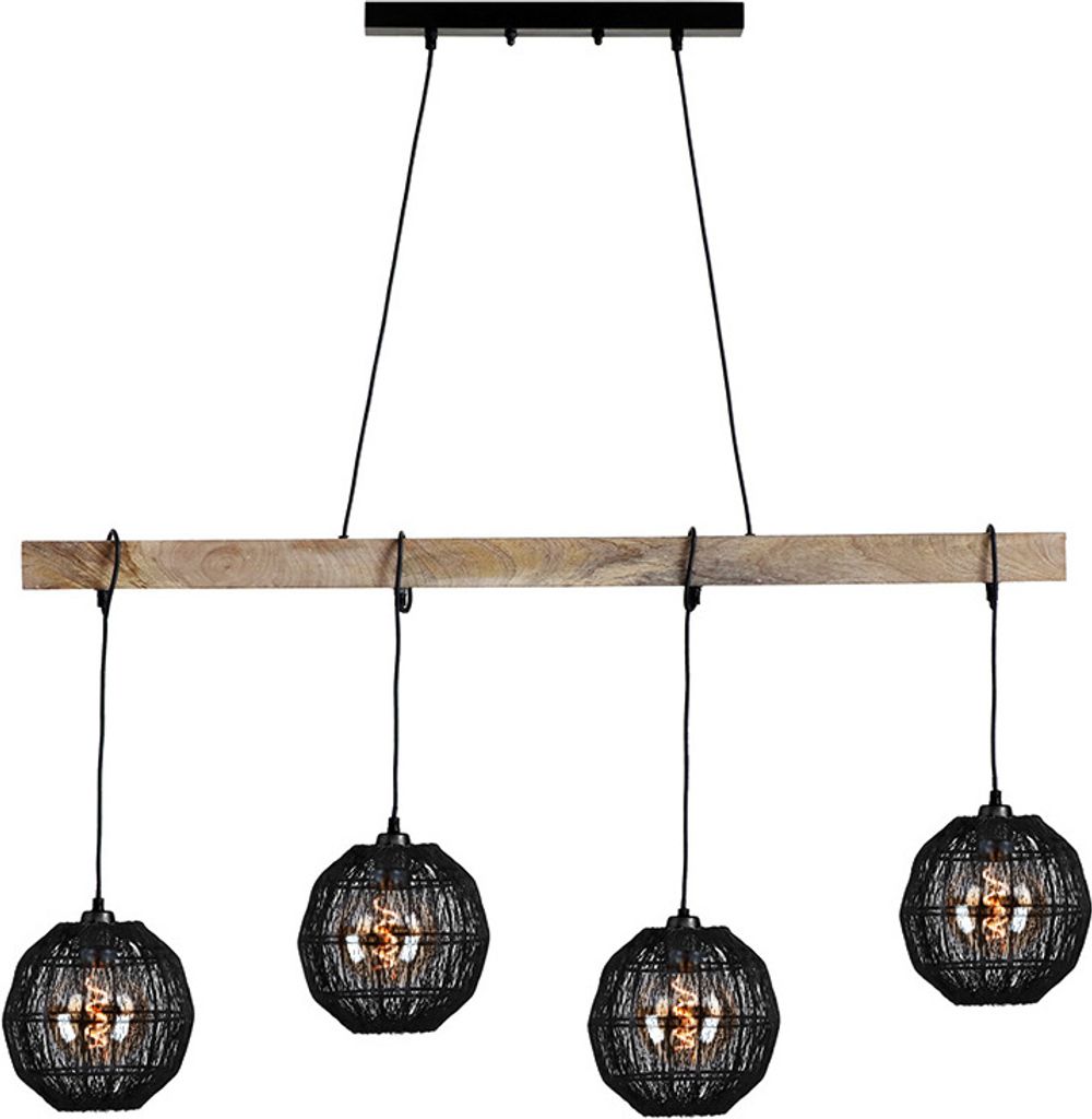 Hängeleuchte, Metall schwarz, Holz, 4 Flammig, H 140 cm Produktbild 