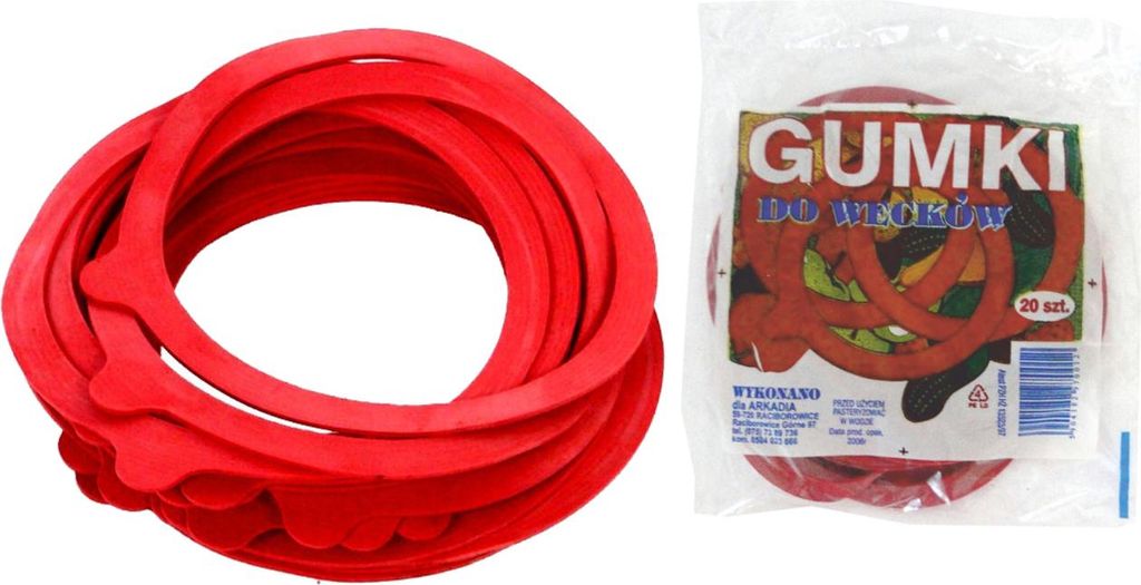 A collage showing a pile of red rubber seals on the left and a package of the same seals on the right.
