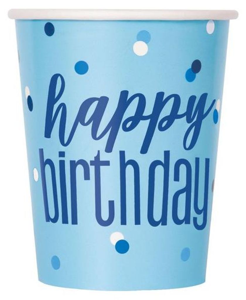 8 Becher Happy Birthday blau & silber