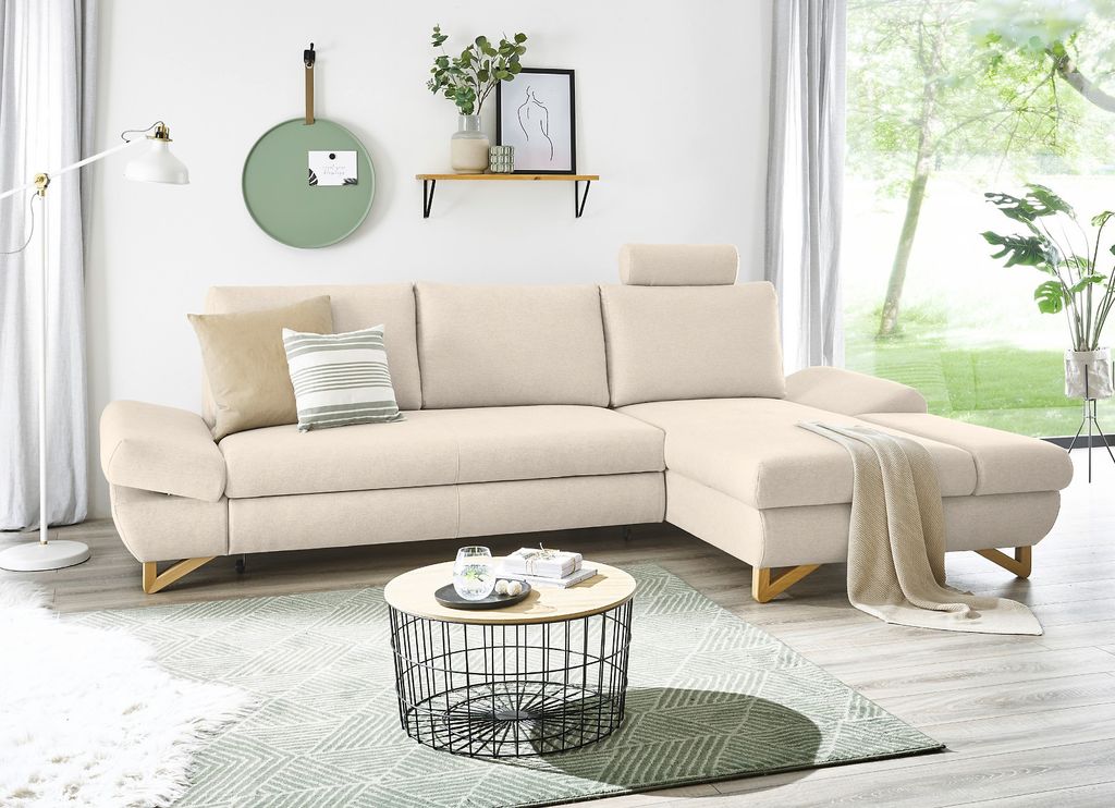 Ecksofa "Skalm" in creme Velours Sofa mit Bettfunktion und Stauraum 284 cm