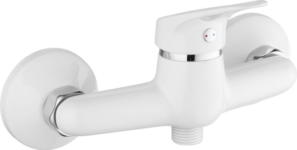 A white shower faucet with silver accents against a white background.
