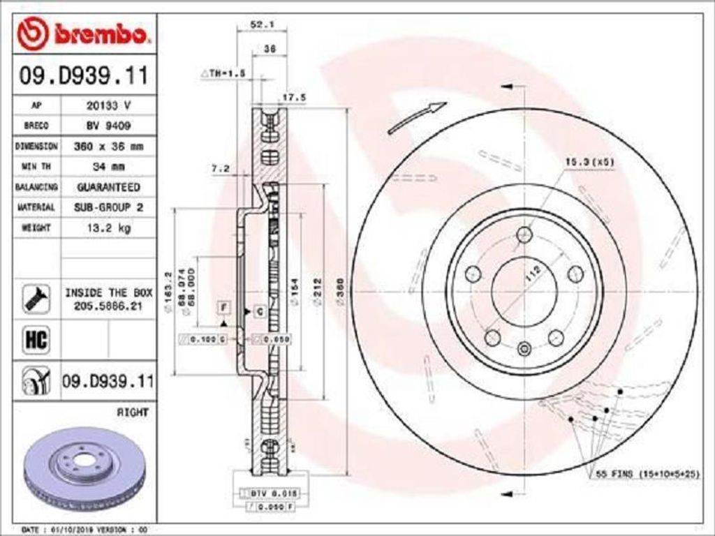 BREMBO Bremsscheibe für PORSCHE Macan (95B) 360mm 09.D939.11