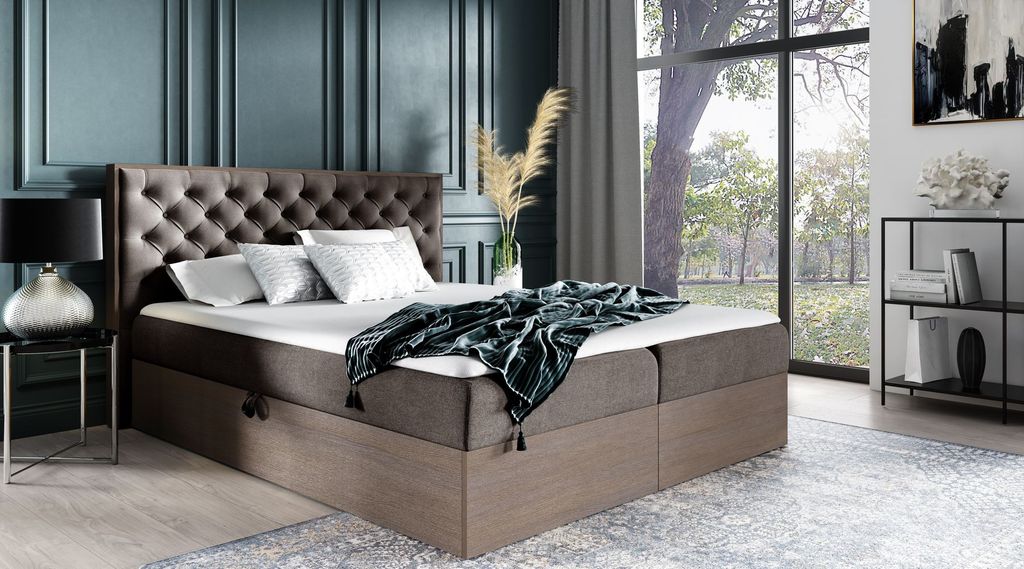 Kontinentales Bett 160x200 CHANTELLE 3 - dunkle Eiche / Braun + GRATIS Matratzenauflage