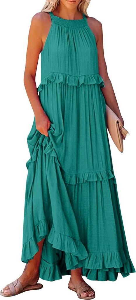 ASKSA Damen Langes Kleid Sommer Big Swing Strandkleid y Kleid Women Cover up Bikini Maxi Beachwear Kleider, DunkelGruen, Groesse: L