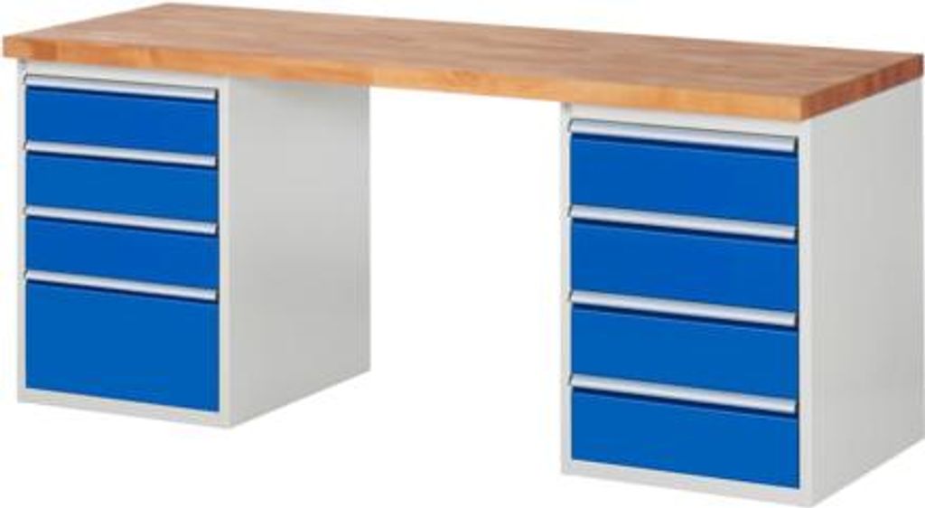Werkbank mit 8 Schubladen - Vollauszug - 150:3 / 180:4 / 270:1 - 890 x 2.000 x 700 mm (HxBxT) - Traglast 1.000 kg - Buche