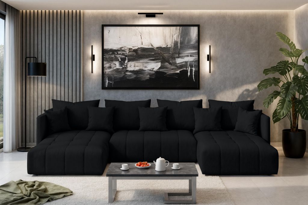 AX LIVING Schwarz Sofa U Form mit Schlaffunktion Veliro U 353 cm breit