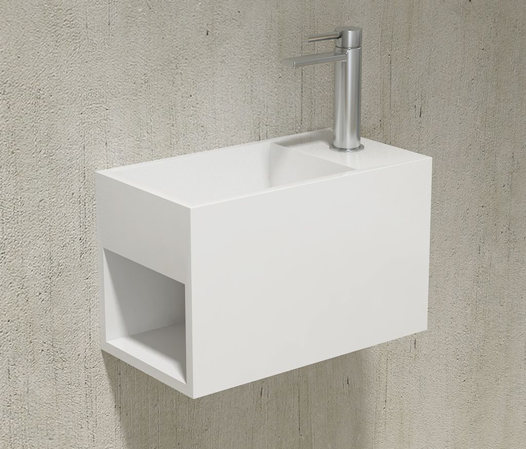Wandwaschbecken PB2046 aus Mineralguss - 33 x 18 x 20,5 cm - Weiß matt - mit seitlichem Ablagefach links