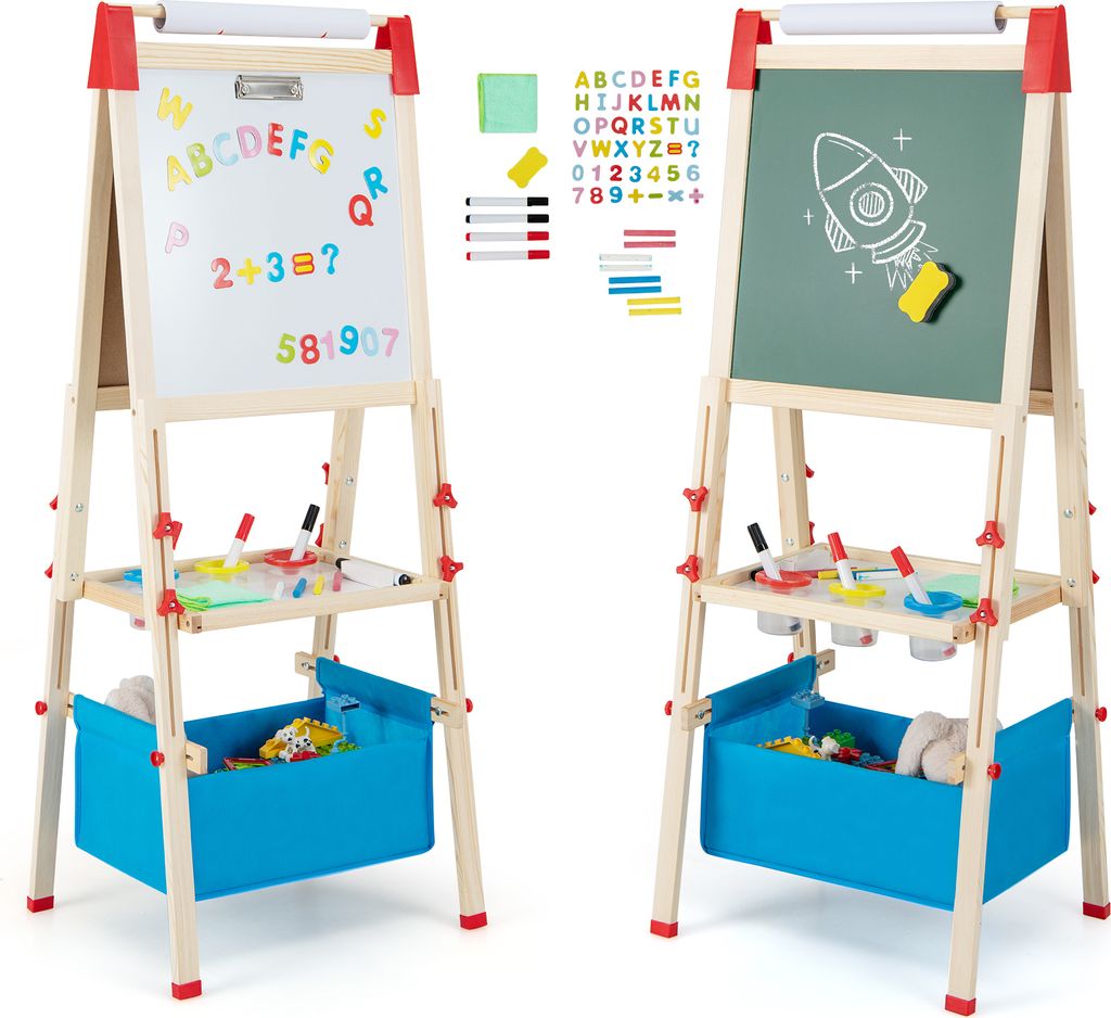 GOPLUS 3-in-1 Staffelei für Kinder, doppelseitige Kindertafel mit magnetischem Whiteboard, Papierrolle, Ablage & Malzubehör, höhenverstellbare S...