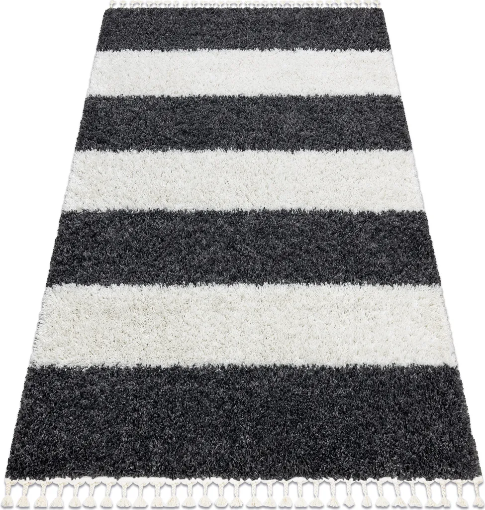 Tapis de salon Shaggy gris et blanc 200x290 cm style Marocain à rayures