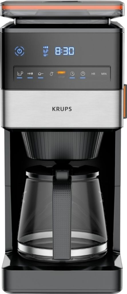 A front view of a Krups coffee maker on a white background.