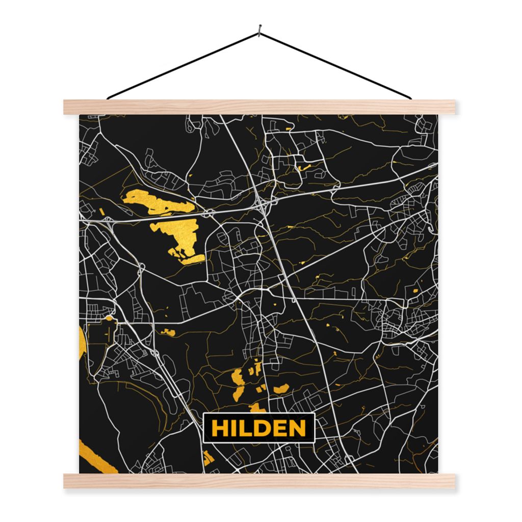MuchoWow Textilposter Gold - Deutschland - Karte - Stadtplan - Hilden 40x40 cm mit holzfarbenen Rahmen - Posterleiste