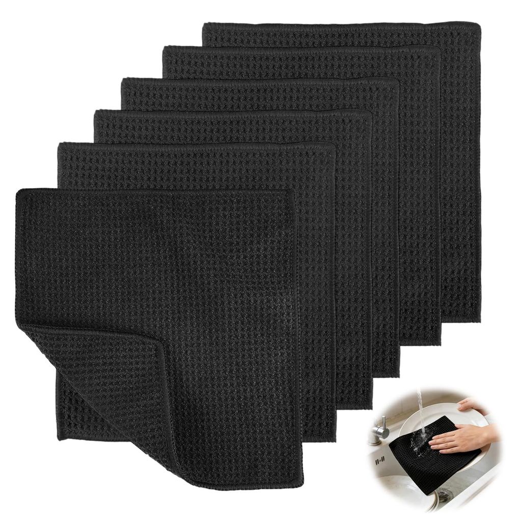 Set mit 6 schwarzen Mikrofaser-Geschirrtüchern, 20 x 20 cm, waschbar, dick, Waffelstruktur, Barista-Tücher, super saugfähige Reinigungstücher