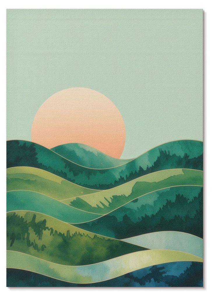 POSTER - 21x29 cm (A4) - Ewa Szymańska - Pastellfarbene Hügel, Aquarellsonne - Wandbild für Wohnzimmer Schlafzimmer & Flur, Modernes Poster Wand...