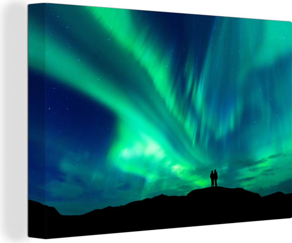 OneMillionCanvasses - Leinwandbilder - 140x90 cm, Nordlichter - Silhouette - Berg, Wandbilder Kunstdruck Wanddekoration