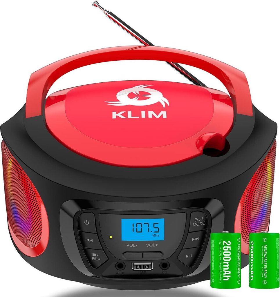 KLIM Boombox Radio mit CD Player - FM-Radio, CD Spieler Bluetooth, MP3, USB, AUX - Inklusive wiederaufladbaren Akkus - rot