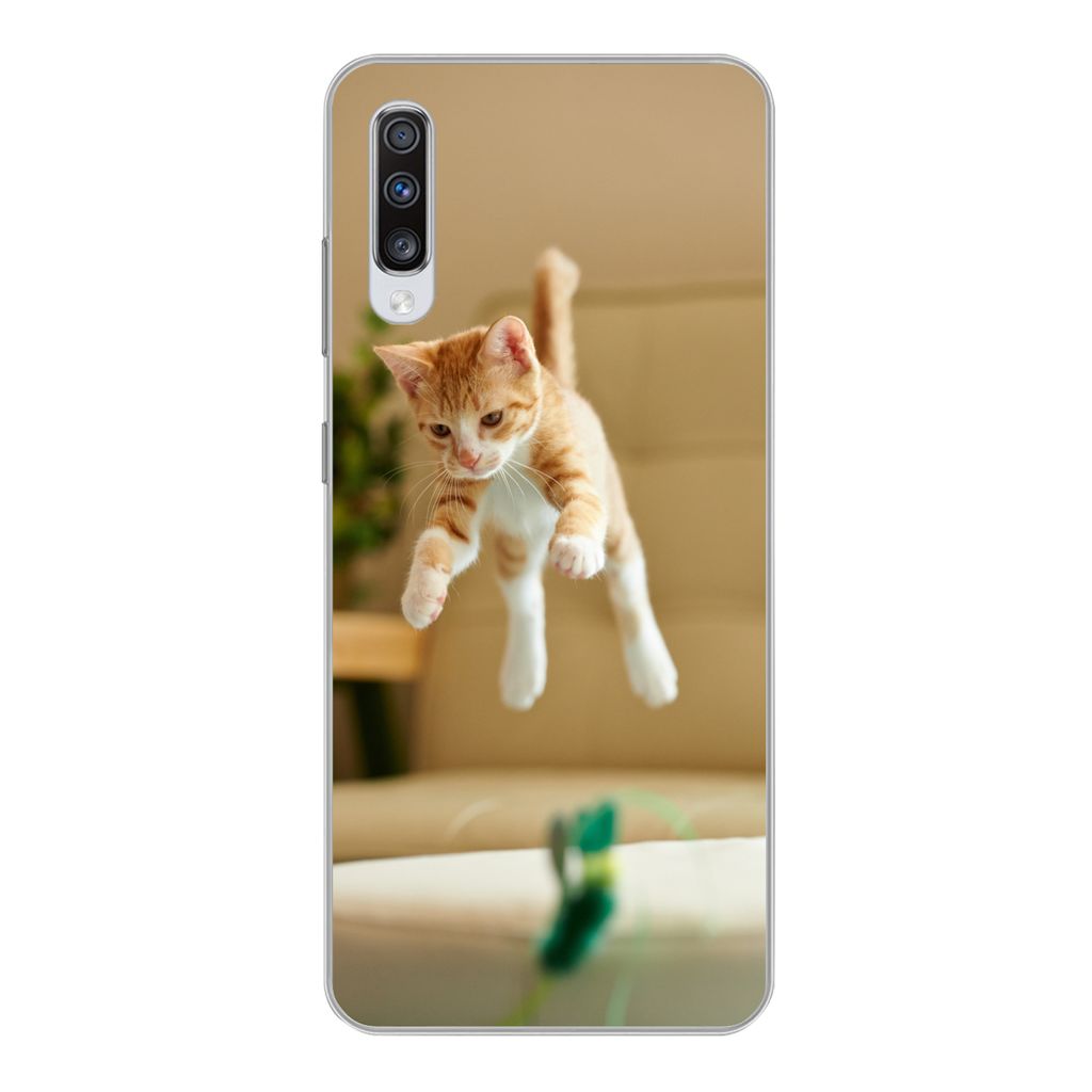 MuchoWow Handyhülle Schutzhülle Hülle für Samsung Galaxy A70 Katze - Springen - Spielzeug Silikon Softcase Handy Hülle - Schutzhaube