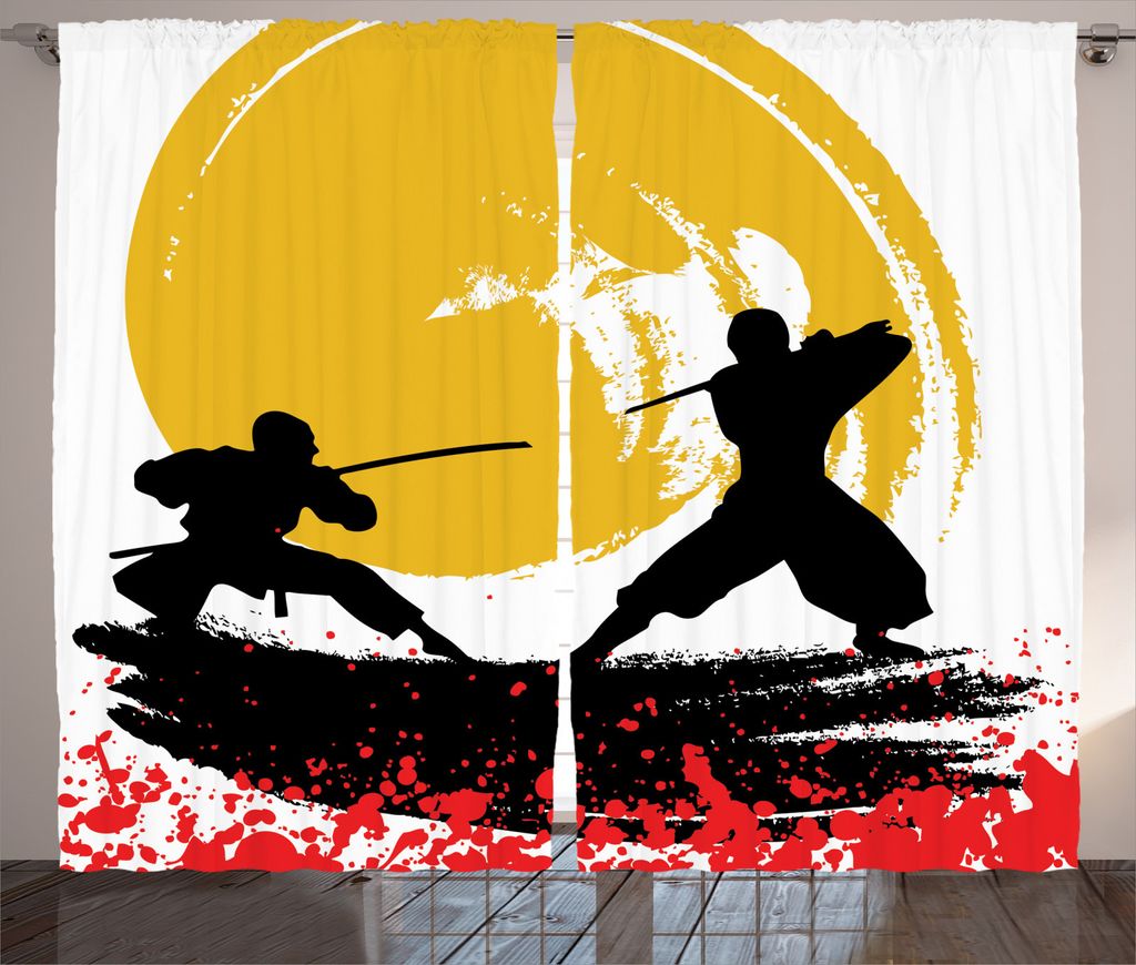 ABAKUHAUS japanisch Rustikaler Vorhang, Aquarell-Stil Ninja, Wohnzimmer Universalband Gardinen mit Schlaufen und Haken, 280 x 245 cm, Vermilion Senf