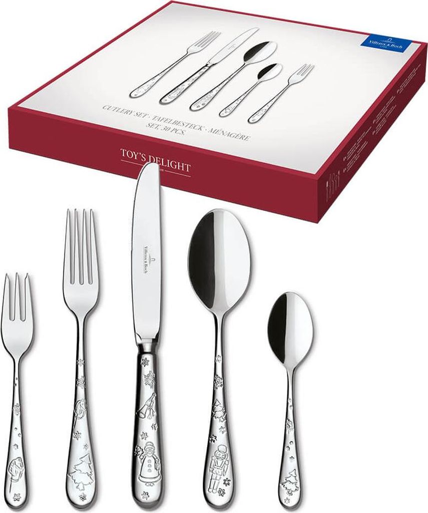 A set of Villeroy & Boch Toy's Delight cutlery is displayed in front of its packaging.