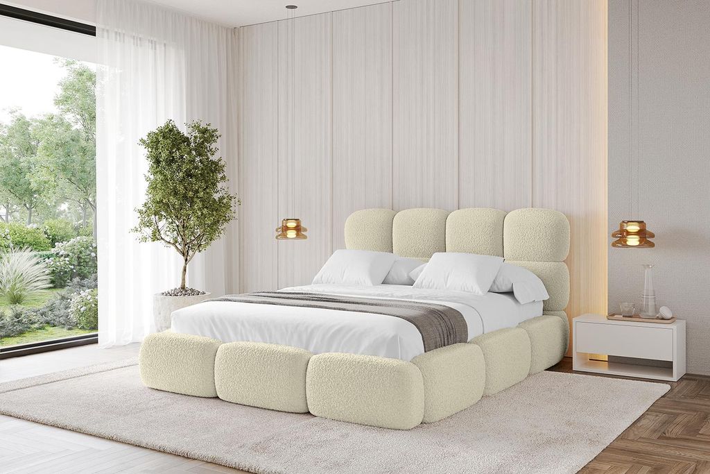 ALTDECOR Polsterbett mit Bettkasten - NOMA 200x200 Beige - Bett mit Matratze H3/H4, Kopfteil, Boxbett, Doppelbett mit Stauraum