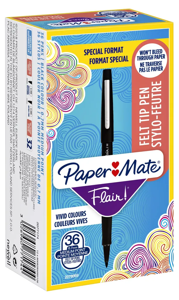 Feutre Paper Mate Flair pointe M encre noire anti-bavure pack eco 30+6
