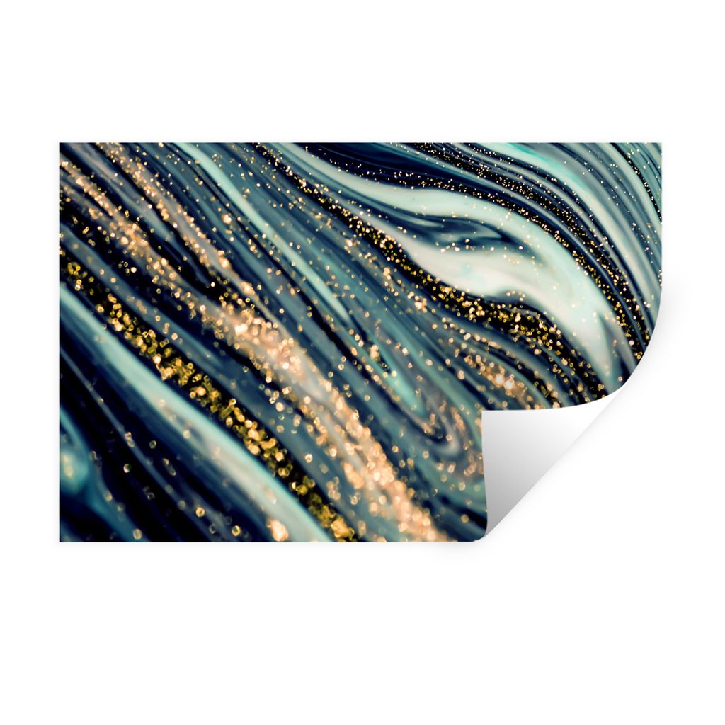 MuchoWow Wandtattoo Wandsticker Wandaufkleber Marmor - Gold - Blau - Glitter - Marmoroptik - Abstrakt 120x80 cm Selbstklebend und Repositionierba...