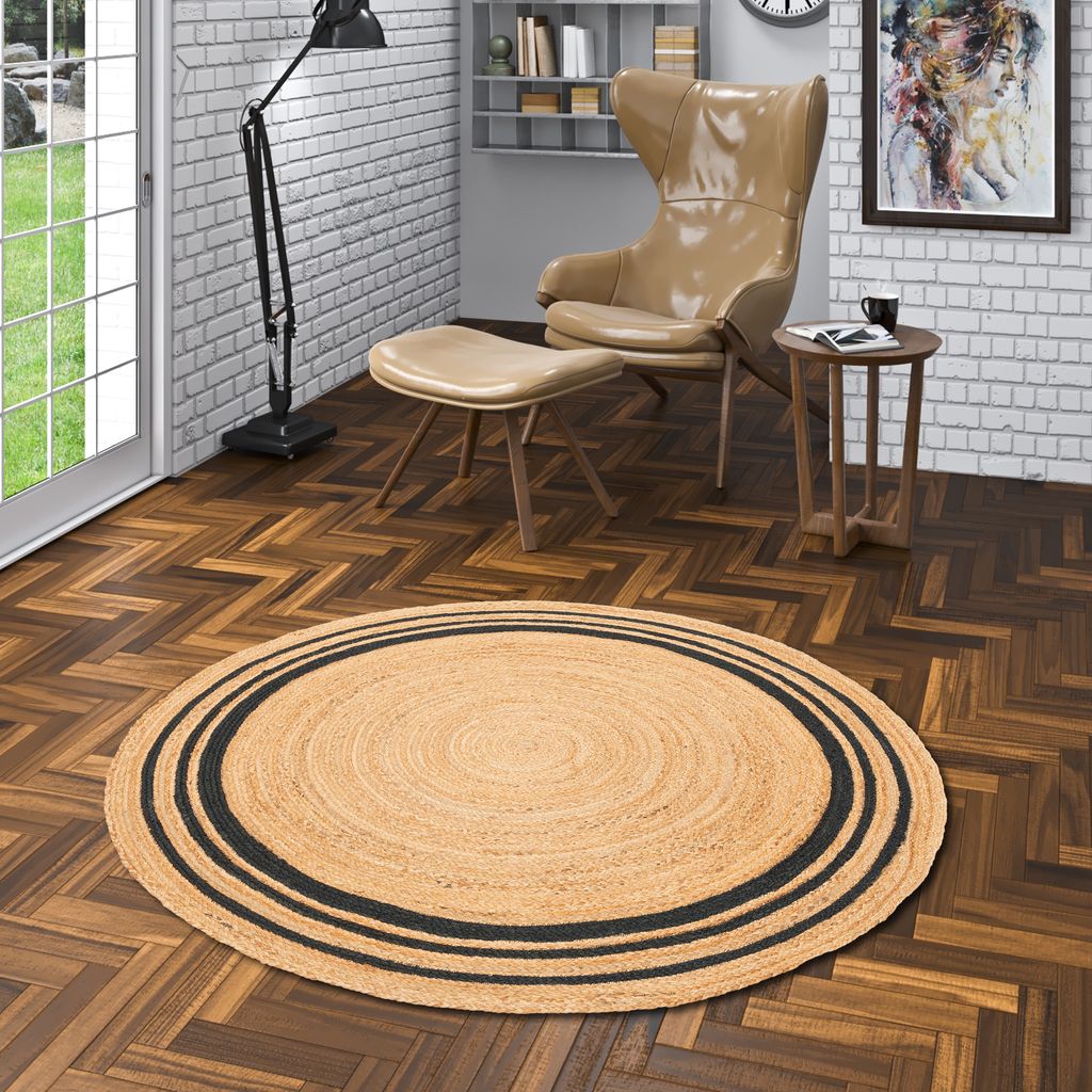 Naturfaser Teppich Handgefertigt Jute Salsa Grau Beige Streifen Rund, Größe:120 cm Rund