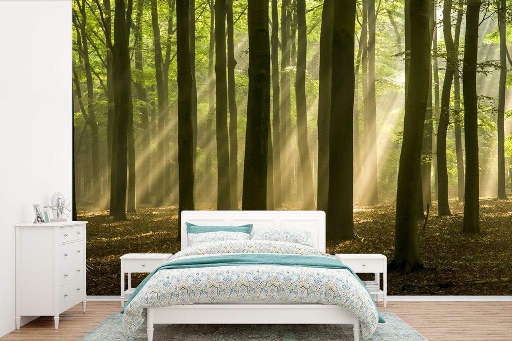 MuchoWow Fototapete für Wohnzimmer oder Schlafzimmer Wandtapete Vinyl Motivtapete Licht - Wald - Laub - 525x350 cm - Das Hintergrundbild