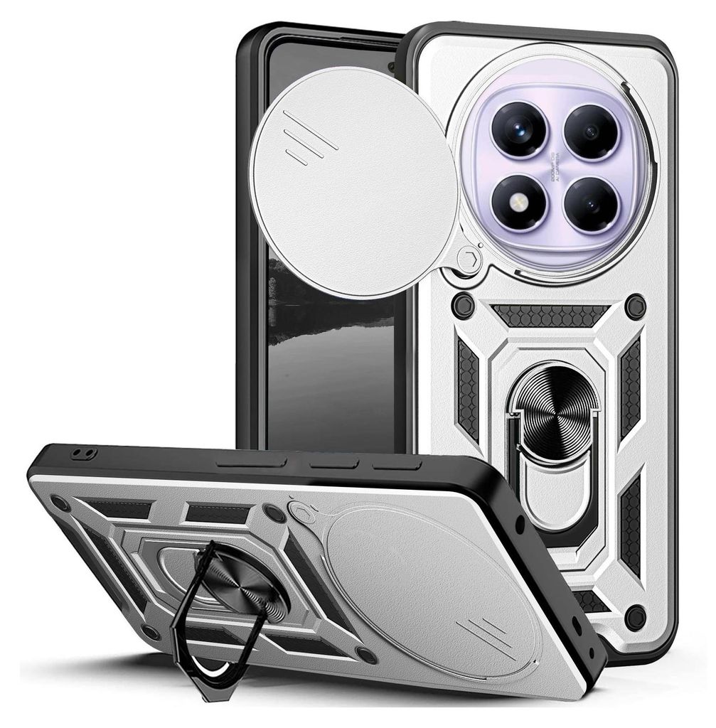 A silver and black armor phone case with a camera protector and a ring stand is shown from two angles.