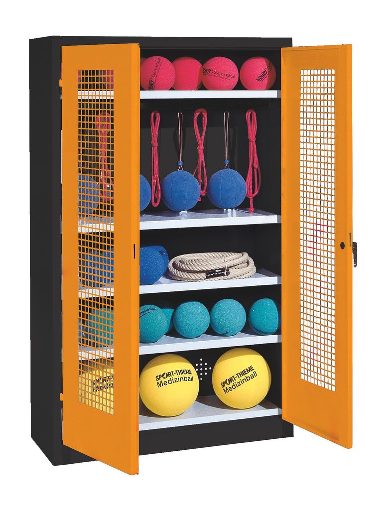 C+P Sportgeräteschrank mit Lochblech-Flügeltüren (Typ 2), HxBxT 195x120x50 cm, Ergo-Lock Muldengriff, Goldgelb (RAL 1004), Anthrazit (RAL 7021),...
