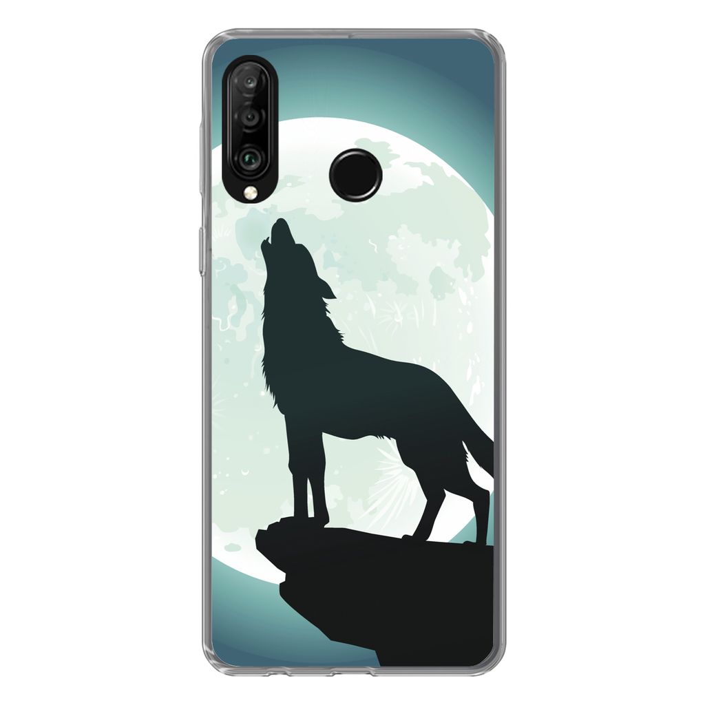 MuchoWow Handyhülle Schutzhülle Hülle für Huawei P30 Lite Wolf - Mond - Stein Silikon Softcase Handy Hülle - Handyhülle