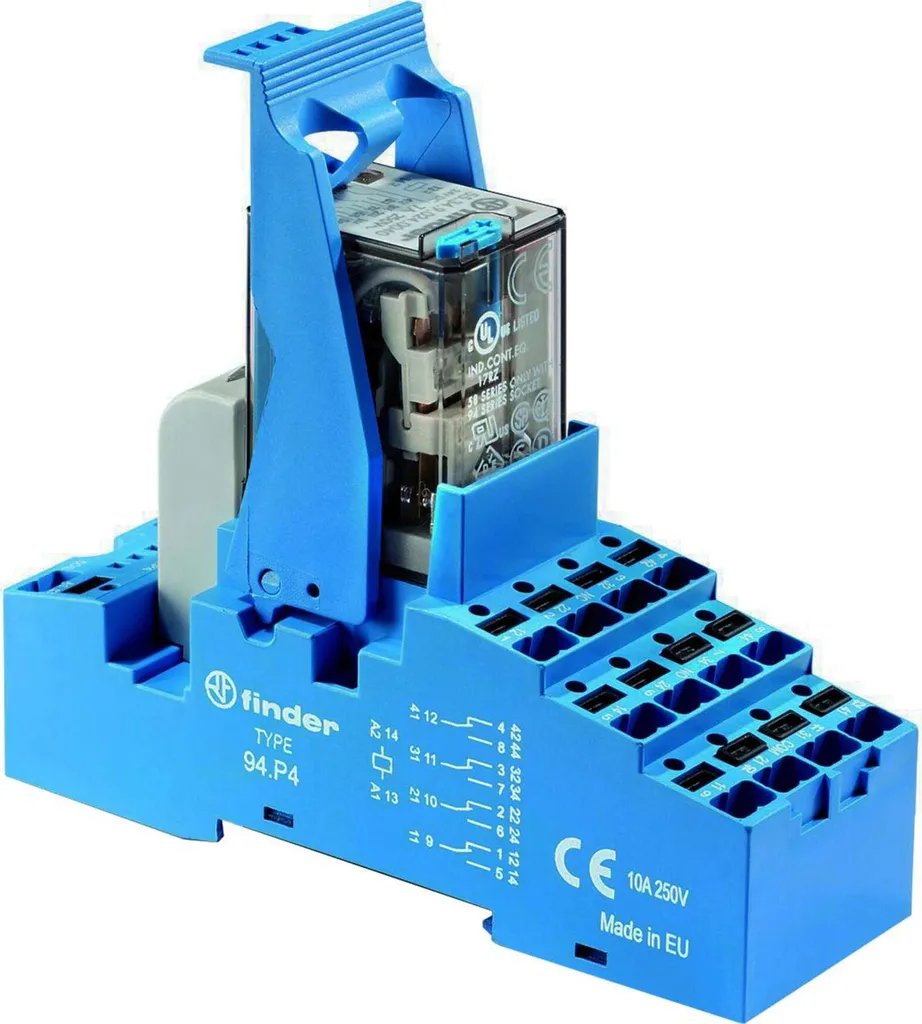 Relais de couplage Finder 4RT 7A avec socle rail DIN et bornes PUSH-IN