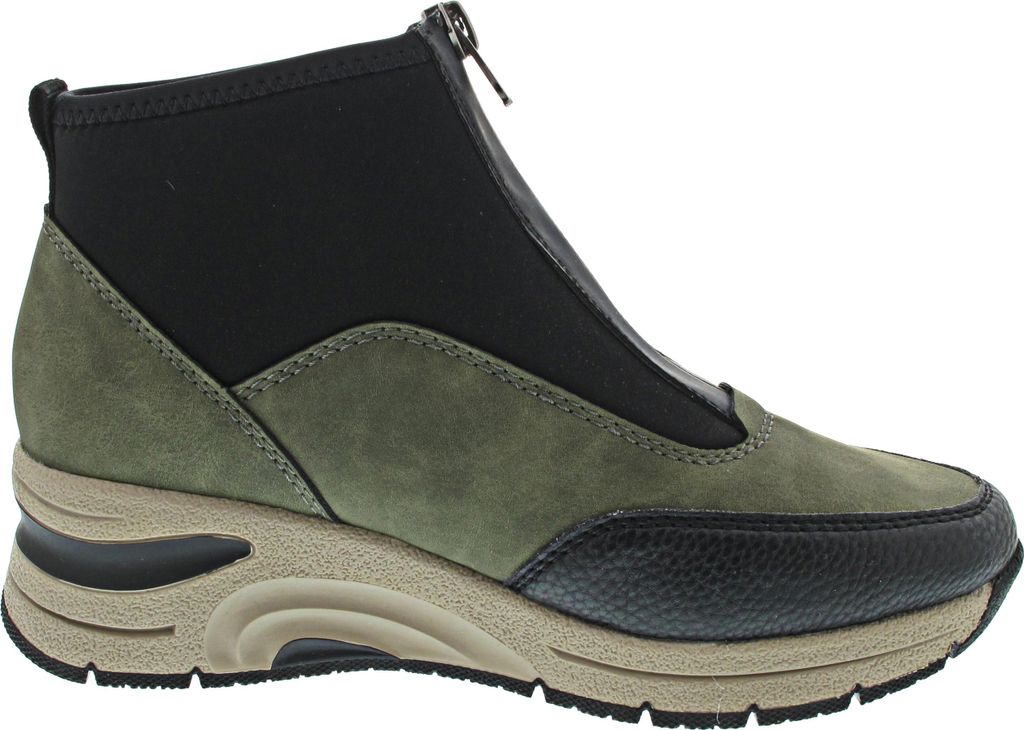 A side view of a green and black high-top sneaker with a zipper.