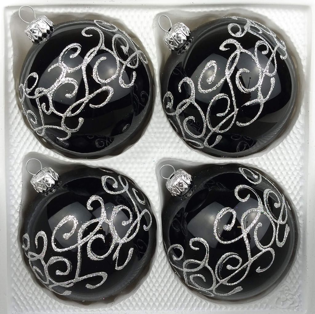 4 tlg. Glas-Weihnachtskugeln Set 10cm Ø in Hochglanz-Schwarz-Silberne-Ornamente