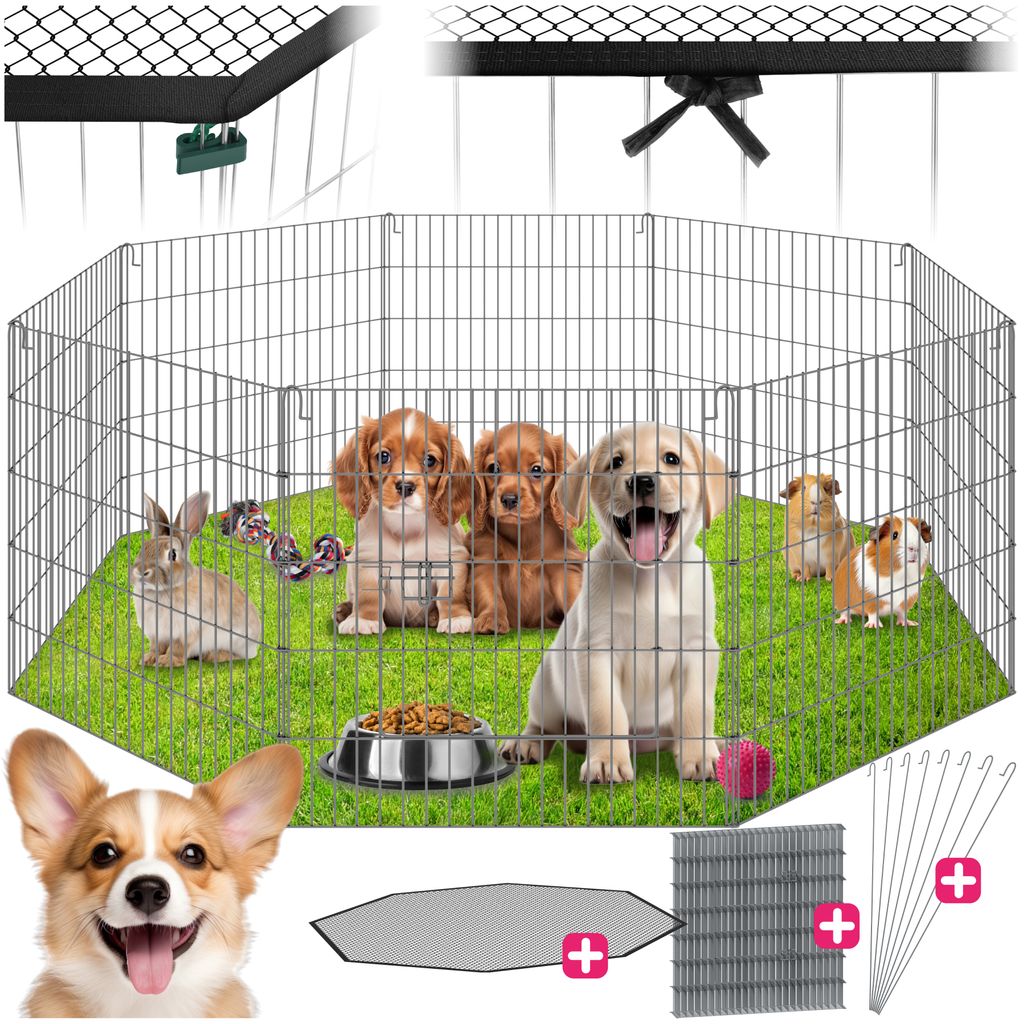 A collage of images showing a pet playpen with puppies, guinea pigs, and a rabbit inside, along with accessories and close-ups of a dog and the playpen's mesh.