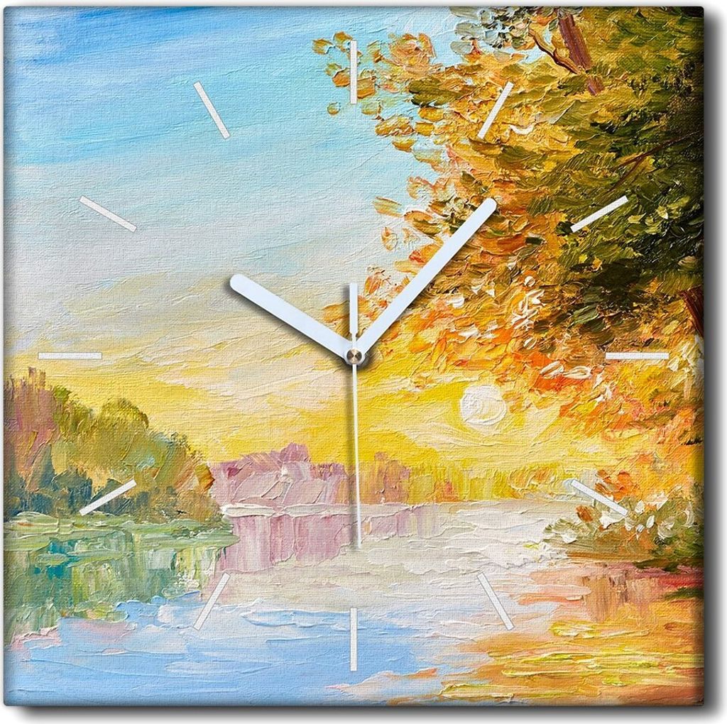 Coloray Uhr auf Leinwand 30x30 cm Wand Uhr Dekoration Wohnzimmer Segeltuch weiße Zeiger -Landschaft des Flusswaldes