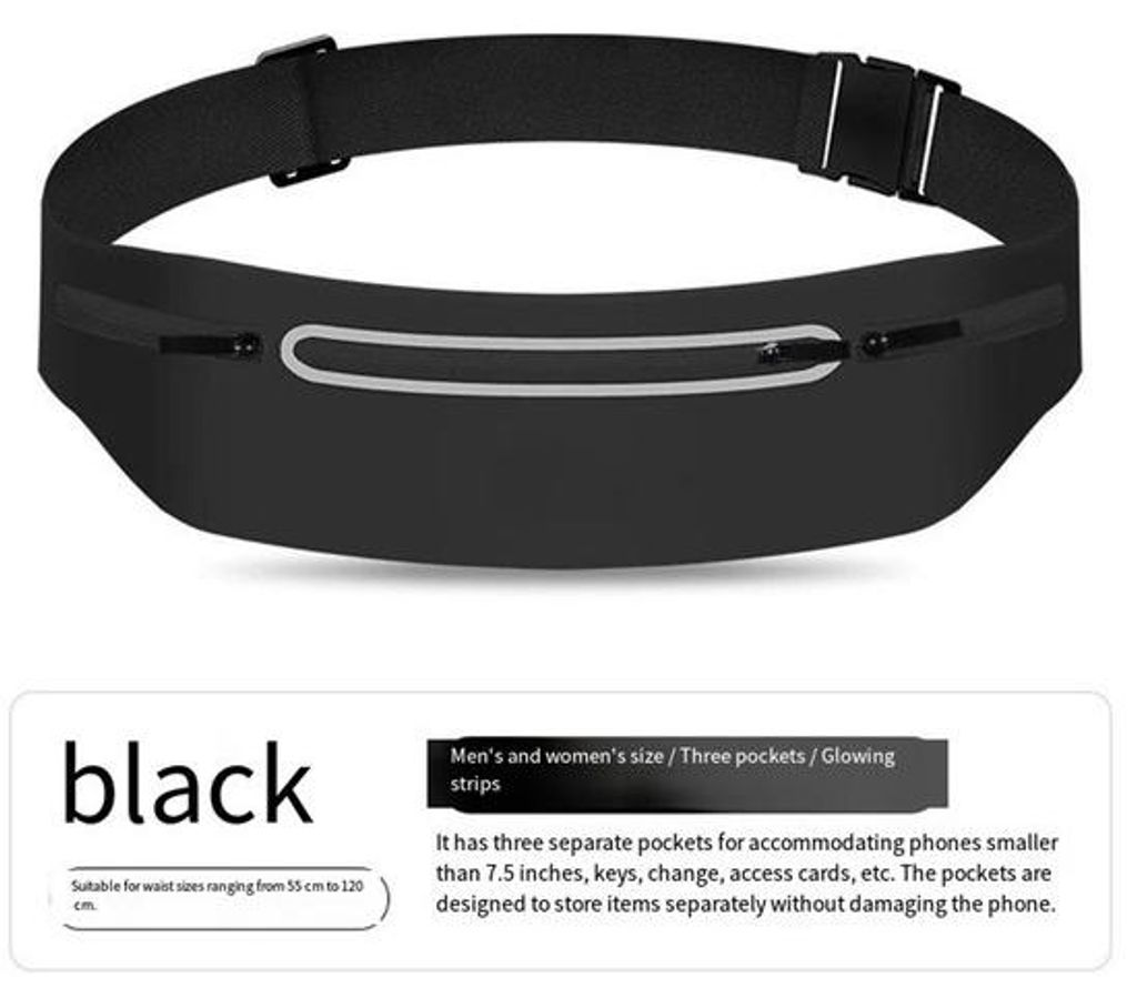 Elastische, verstelbare, uitbreidbare heuptas mit 3 Taschen, schwarz, für iPhone-Halter