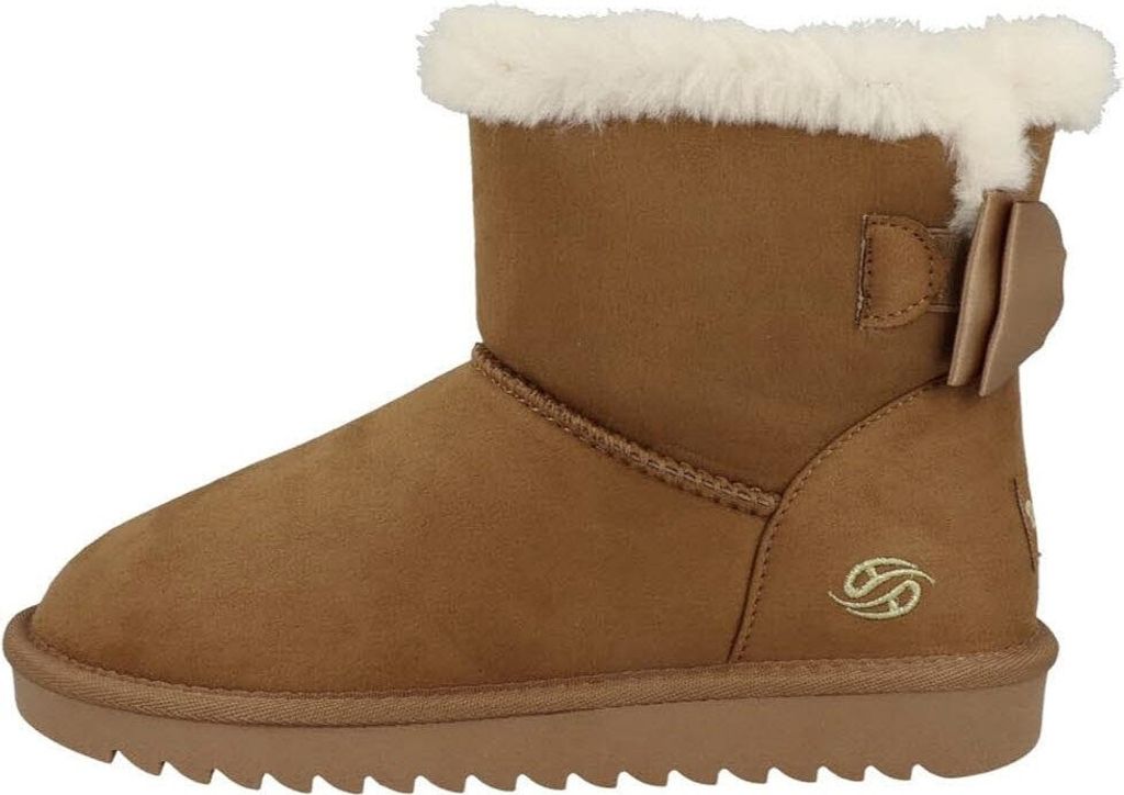 A single brown winter boot with white fur lining is shown against a white background.
