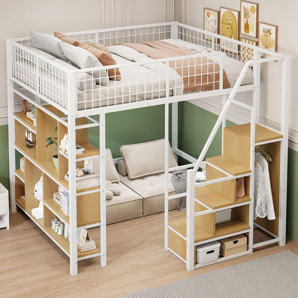 STILVORA 140×200 Hochbett Kinderbett mit Stauraum&Treppe,Metallbett mit Ablageflächen,Einzelbett für Jungen&Mädchen,Weiß(Ohne Matratze)